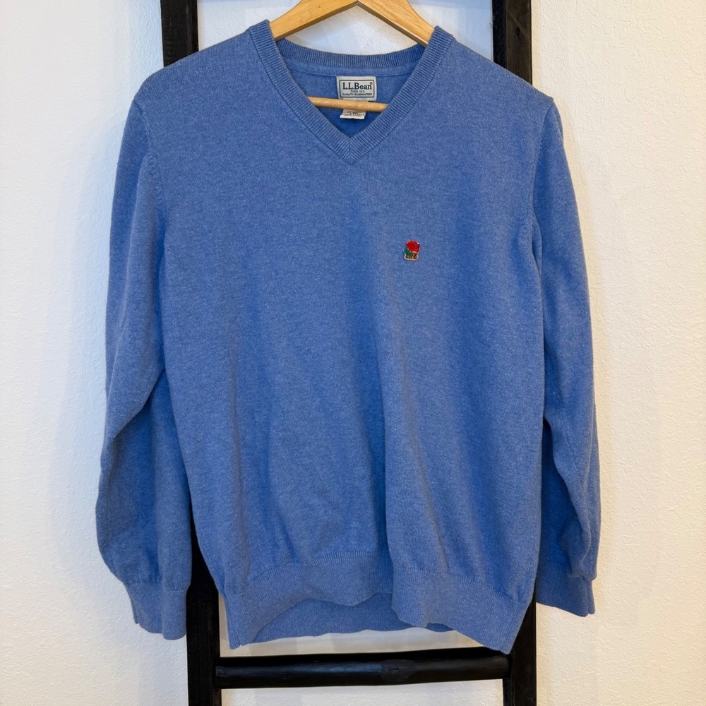 LL Bean Mens V Neck Sweater Cotton Cashmere Blend‎ Blue Embroidered Logo Size L